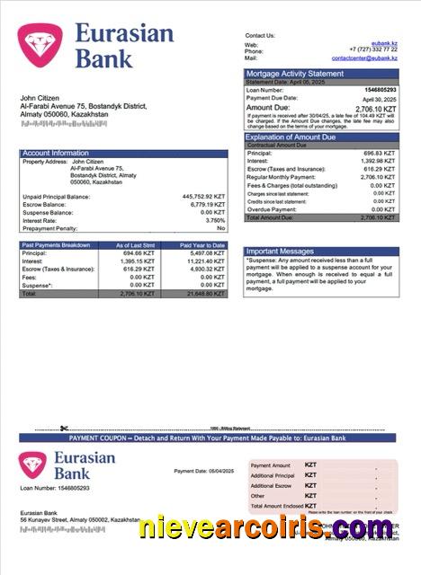 Kazakhstan Eurasian Bank mortgage statement Word and PDF template